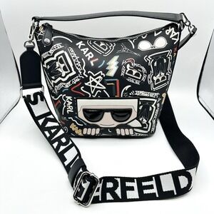 Karl Lagerfeld Paris Simone Graphic Leather Bucket Bag All Over Print Crossbody